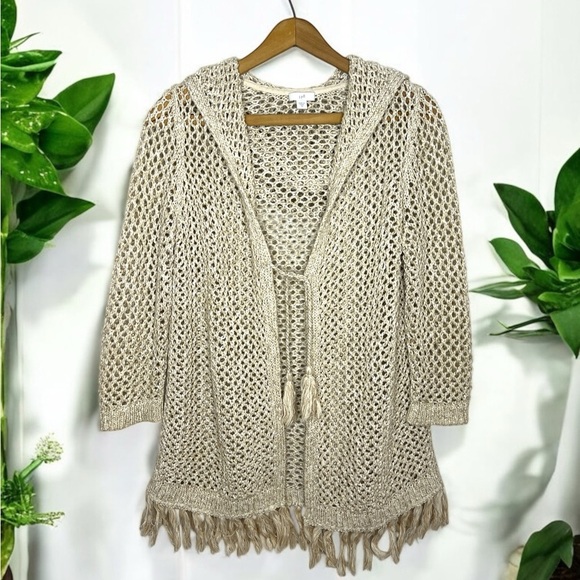 J. JILL Crochet Fringe Beachy Tassel Tie Coverup Open Resort wear Cardigan - Picture 1 of 14